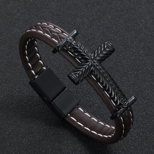 Men's double-layer brown leather bracelet with black cross charm and magnetic clasp