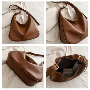 Detailansichten der braunen PU-Leder-Hobo-Tasche mit Innenraum und goldenen Beschlägen