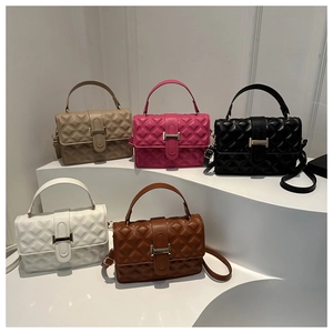 Quilted crossbody bags in beige, pink, black, white, and brown with metal locks