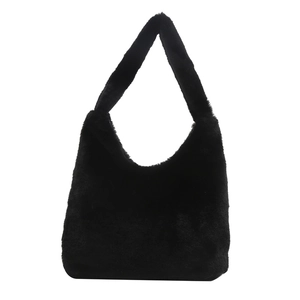 Chic black fuzzy faux fur shoulder bag with soft plush texture for women fashion