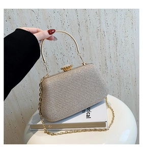 Detail of champagne gold sequined evening clutch bag with circular metal handle