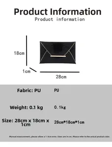 Size chart showing dimensions for the slim black faux crocodile leather envelope clutch bag