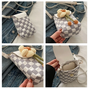 Detailed four-angle views of a mini checkerboard phone bag with 3D floral decoration