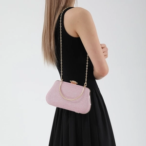 Sparkly pink evening clutch bag with golden metal handle and detachable chain strap