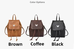 Three vintage PU leather backpacks in brown, coffee, and black with silver butterfly detail