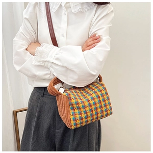 Retro plaid crossbody bag featuring yellow blue check patterns and corduroy handles