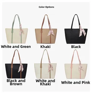 Collage of chic tote bags in various colors featuring decorative pink silk scarves