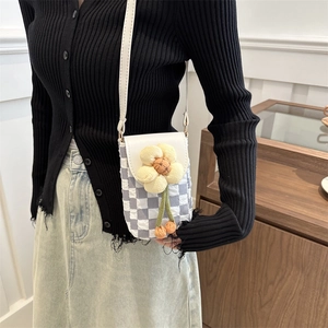 Cute crossbody phone bag with grey checkered pattern and 3D plush flower decoration