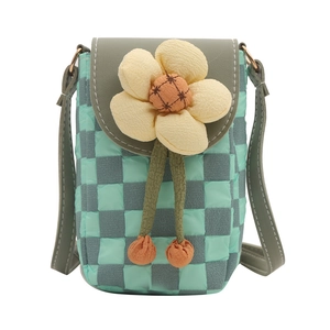 Chic mint green checkerboard phone bag with 3D floral accent and leather flap