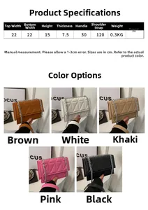 Detailed dimension chart and multi-color view of quilted crossbody chain bag with PU leather