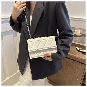 Detail of white quilted crossbody bag with silver chain strap and flap closure