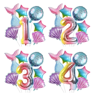 Juego de Globos de Cola de Sirena Degradados de Papel de Aluminio Estrellas y Conchas para Decoración de Fiesta de Cumpleaños
