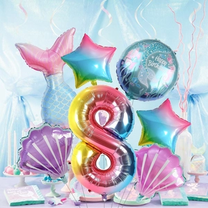 Kit de fiesta sirena con globo de número 8 degradado y decoraciones de conchas arcoíris