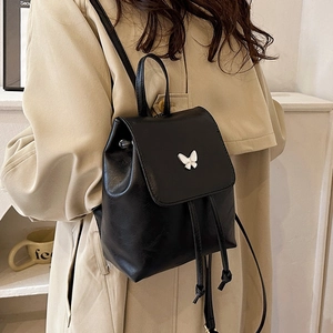 Vintage PU Leather Mini Backpack For Women Stylish Butterfly Decor Drawstring Small Rucksack Casual Travel Fashion Shoulder Bag