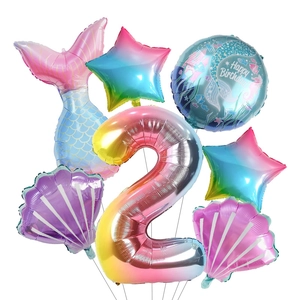Set de globos de sirena arcoíris con número 2 y conchas para fiesta de cumpleaños