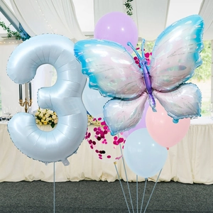 40-inch baby blue number 3 balloon kit with iridescent butterfly and colorful latex balloons