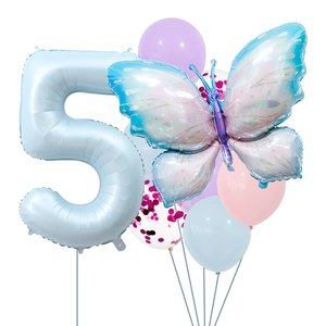 Detail of baby blue number 5 and butterfly foil balloons with macaron latex set