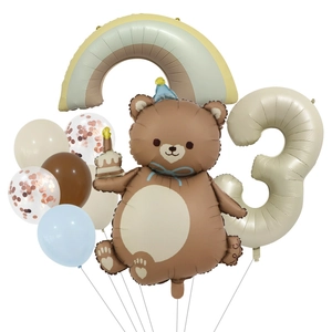 Birthday balloon kit with bear, rainbow and beige number 3 for party decoration