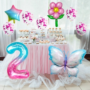 Blauwe gradiënt nummer 2 ballon set met vlinder en bloemen voor verjaardagsfeest decoratie