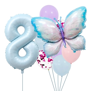 Detail of baby blue number 8 foil balloon and gradient butterfly balloon set for party