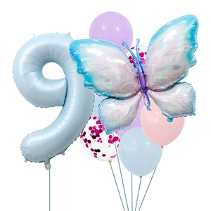 Detail of 40-inch baby blue number 9 and butterfly foil balloon set for birthday party