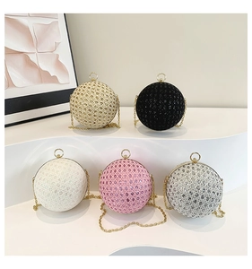 Detailed set of round evening clutch bags with rhinestone mesh and gold chain straps