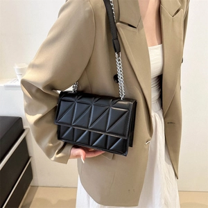 Fashionable black quilted crossbody bag with silver chain strap for women