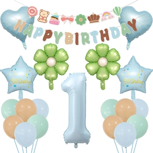 Blue 1st birthday balloon set with bear banner and pastel party decorations