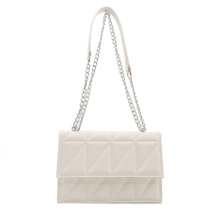 White quilted faux leather crossbody bag with silver metal chain strap for women