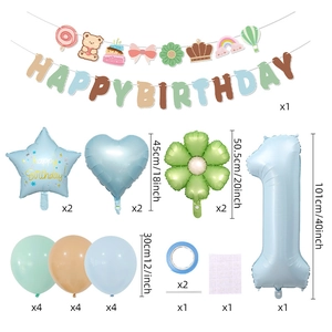 Blue number 1 balloon set with bear banner for toddler first birthday party decoration