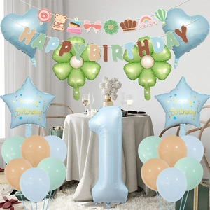 Blue number 1 balloon set with Happy Birthday banner and daisy foil balloons