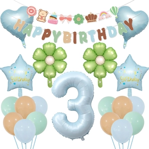 3rd Birthday balloon set with blue number 3 foil balloon, banner and pastel latex balloons