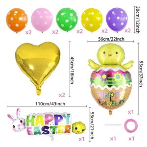 Detailed size chart for Easter balloon set featuring chick, rabbit, and latex balloons