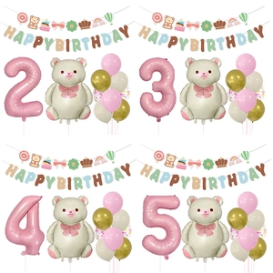 Bear Theme Birthday Party Balloon Decoration For Kids Pink Number Aluminum Foil Balloon Banner Celebration Party Supplies