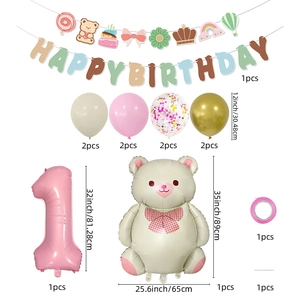 Pink bear birthday balloon set with gold number 1 and happy birthday banner decorations