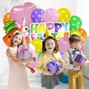 Close-up of Easter balloon set with colorful polka dots and carrot shapes for party decoration