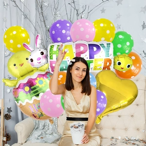 Easter decoration set featuring Happy Easter foil balloons and colorful polka dot latex balloons