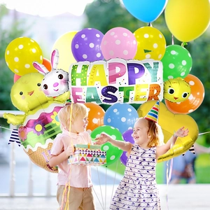 Outdoor setup of Happy Easter foil balloons with cartoon chick and bunny shapes