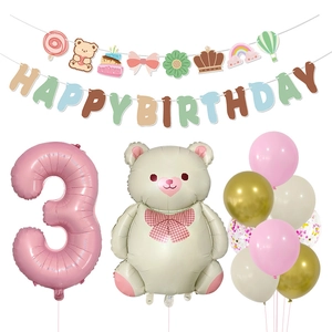 Bear themed 3rd birthday decoration set with pink number 3 balloon and happy birthday banner