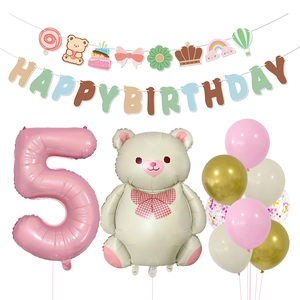 Teddy bear theme 5th birthday decoration set with pink number balloon and happy birthday banner