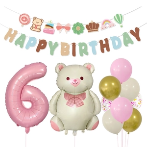 6th birthday party set with bear balloon, pink number 6, and colorful happy birthday banner