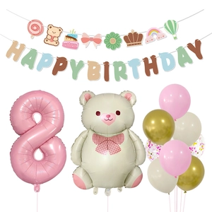 Detail of bear themed birthday party set with pink number 8 and happy birthday banners