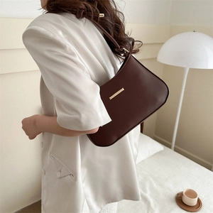 Chic dark brown faux leather hobo shoulder bag with minimalist gold hardware accent