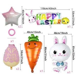 Easter foil balloon set detail with dimensions for rabbit, egg, and carrot shapes