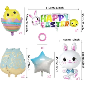 Easter balloon set details featuring bunny, chick, and egg shapes with specific dimensions