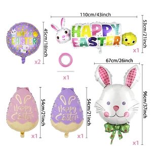 Easter balloons set featuring rabbit, chick and egg foil shapes with size measurements