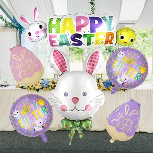 Easter party foil balloon set with rabbit heads, colorful eggs and happy easter letters