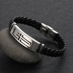Men's vintage braided leather bracelet with stainless steel cross and geometric accents