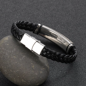 Men's vintage black braided leather bracelet with stainless steel magnetic clasp on stone