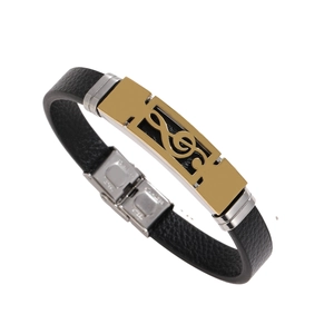 Men's leather bracelet featuring a gold musical note charm and stainless steel clasp